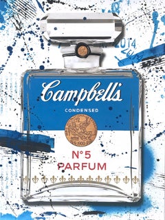 "Flacon bleu de CHANEL N°5 Parfum", œuvre sur papier d'un artiste de rue français, Campbell