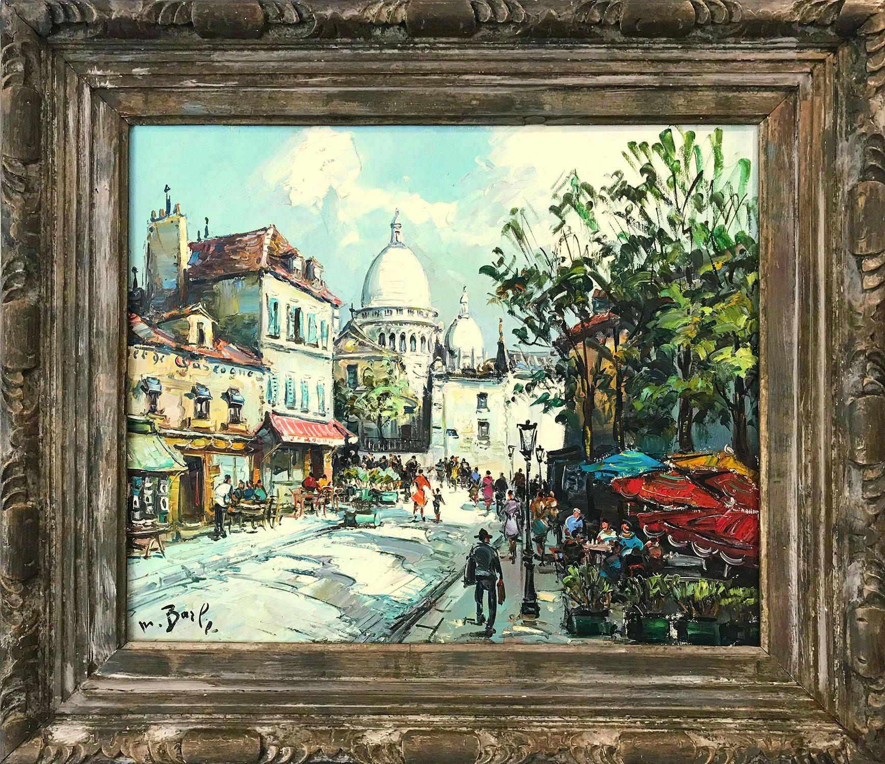 Maurice Barle Figurative Painting - "Place Du Tertre" Post-Impressionism Oil Painting with Figures and Restaurants