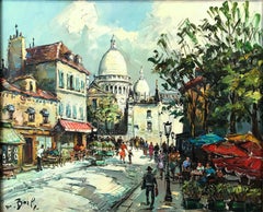 "Place Du Tertre" Post-Impressionism Oil Painting with Figures and Restaurants