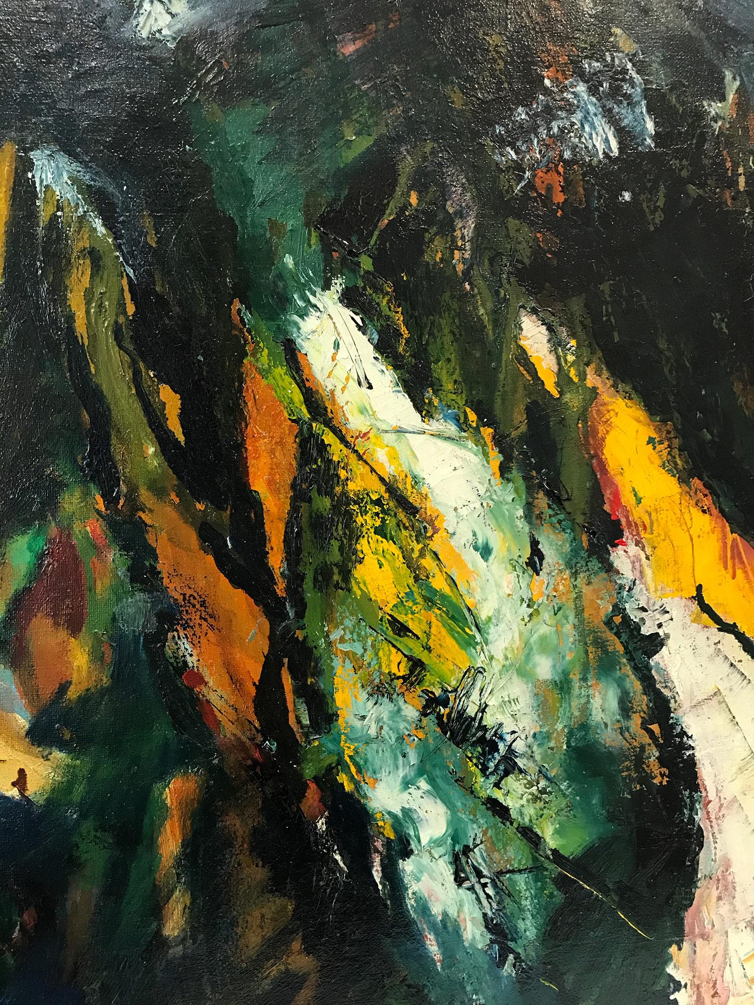 An abstract expressionist Mid 20th Century piece by Bern Porter, presenting vivid use of paint and complex lines and color placement. A strong modernist oil painting depicted in 1959 with bold, thick brushwork. The painting is signed lower left and