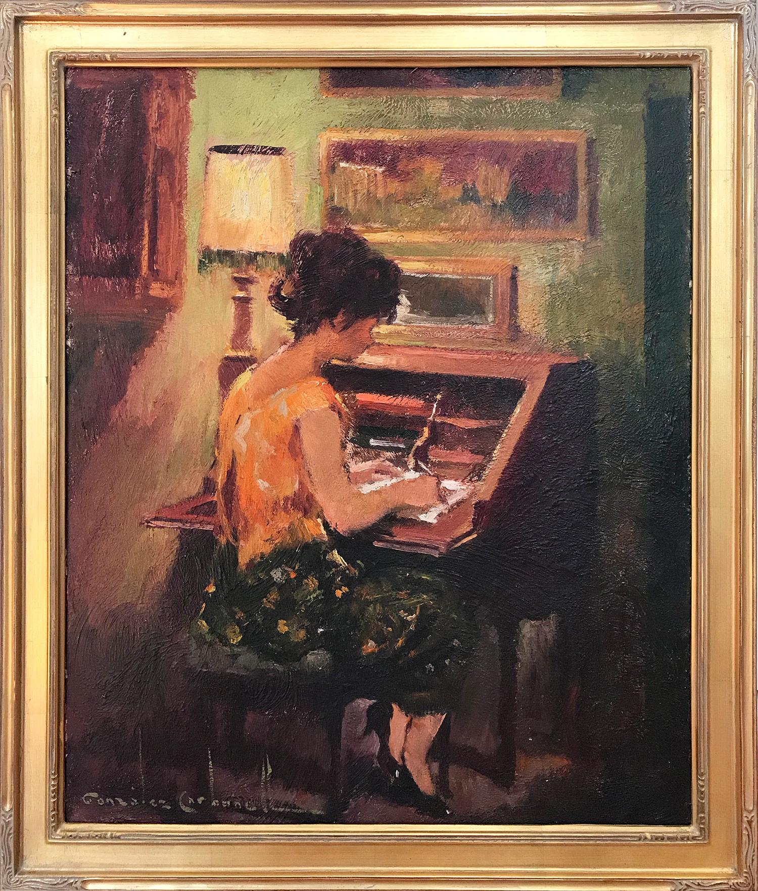Rosendo Gonzalez Carbonelle Nude Painting - "Portrait at the Desk " 20th Century Spanish Oil Painting on Canvas 