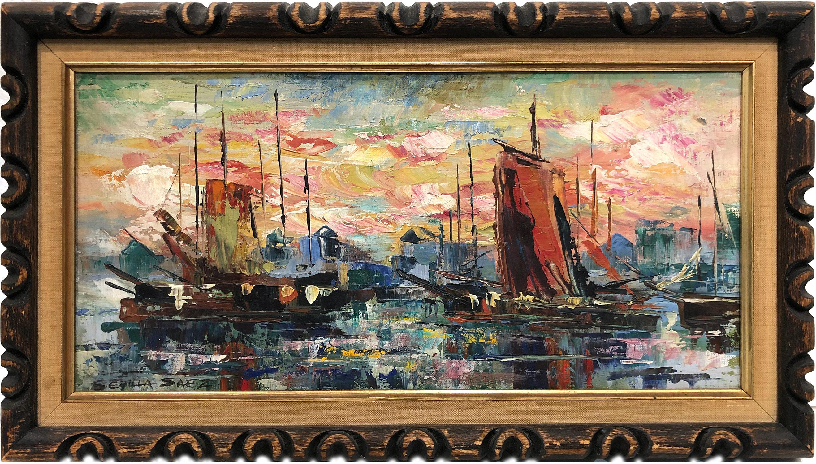 Juan Sevilla Saez Landscape Painting - "Coastal Seascape with Sailboats" Abstract Multicolored Mid-Century Oil Painting