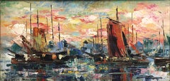 "Coastal Seascape with Sailboats" Abstract Multicolored Mid-Century Oil Painting