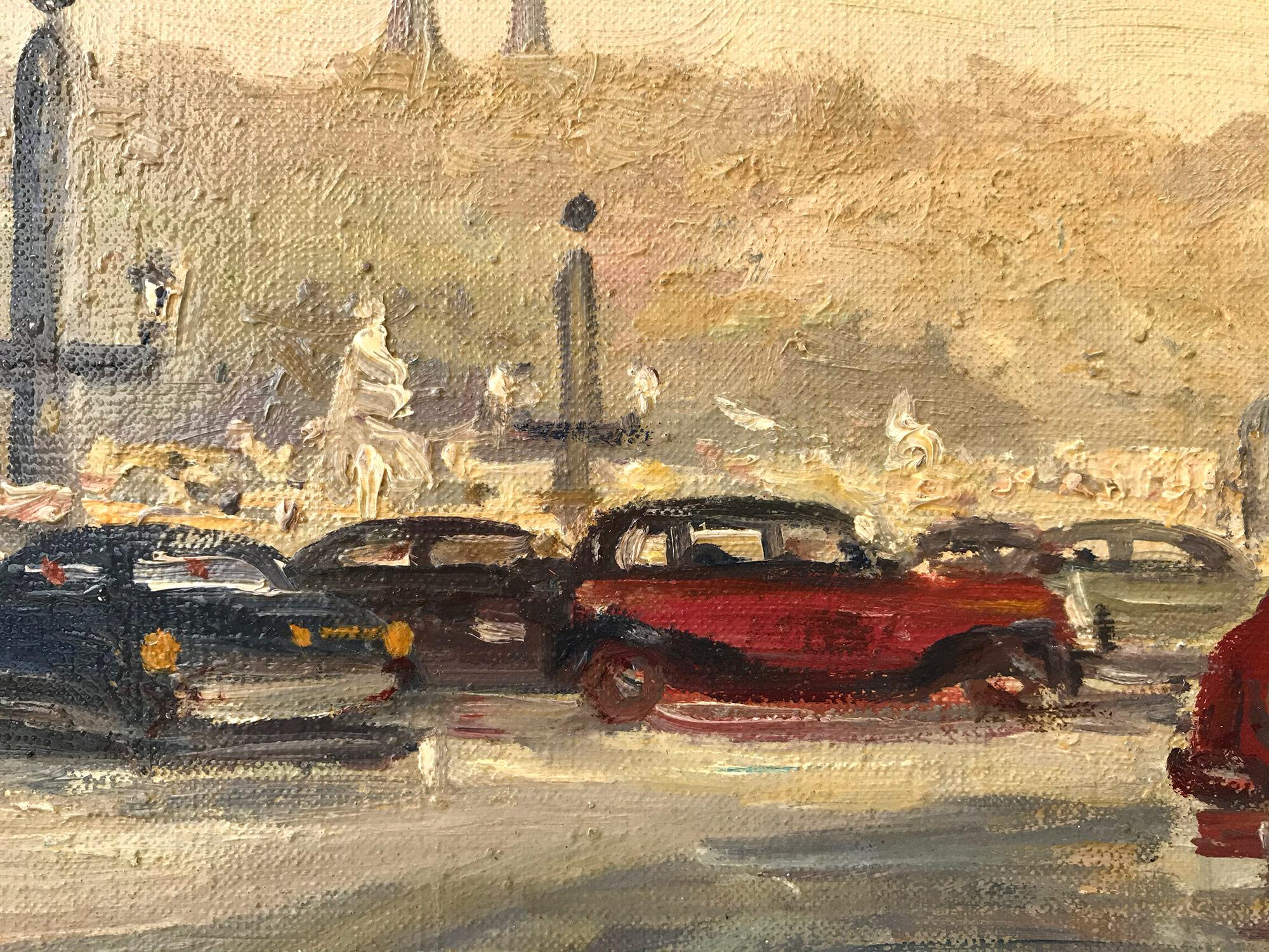 A beautiful oil painting on canvas by the French artist Georges Gerbier, depicting a tremendously vivid and alive street scene from Paris in the 20th Century with a view of 
