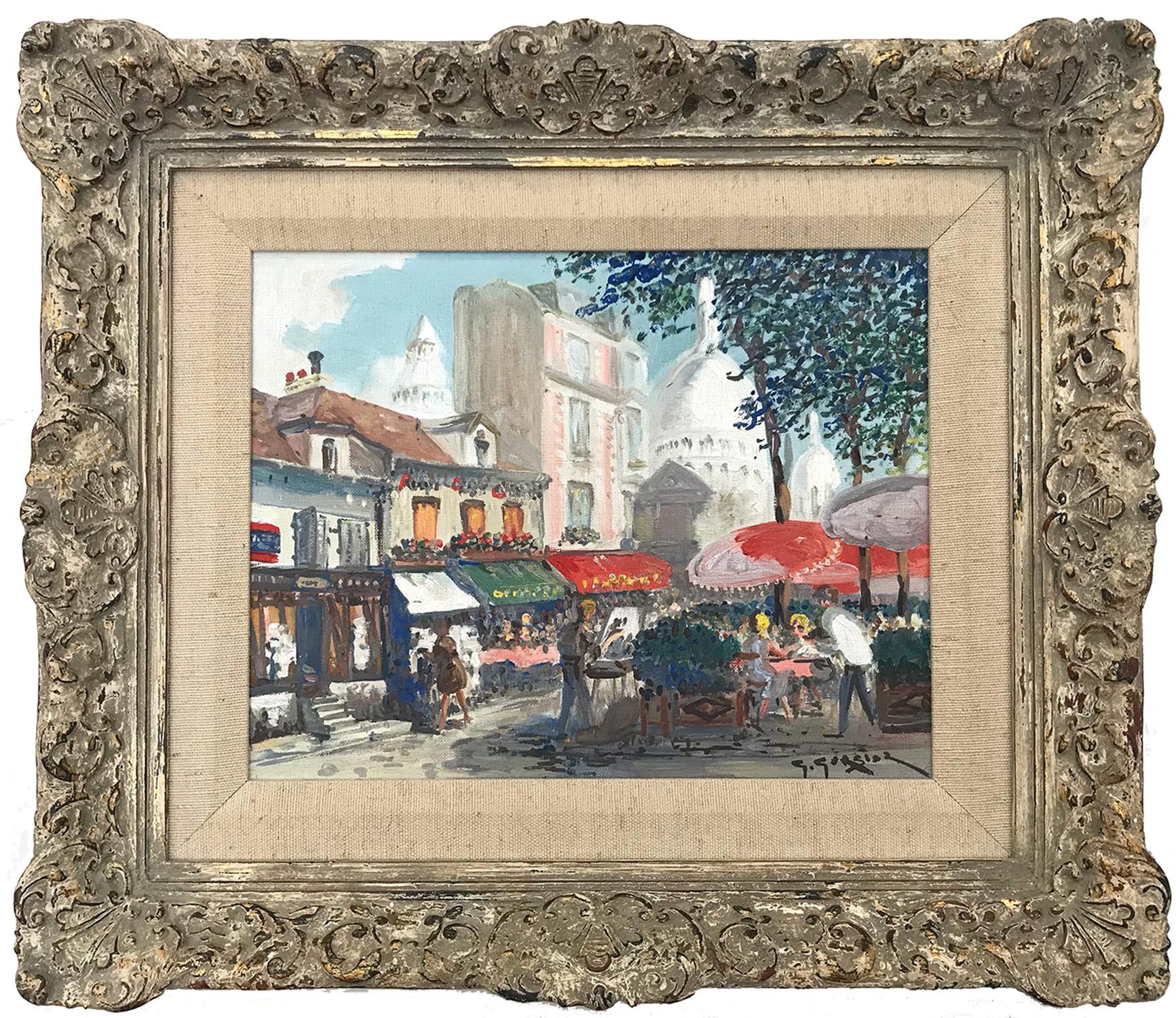Figurative Painting Georges Gerbier - Peinture à l'huile impressionniste « Place Du Tertre » avec des personnages dans un village parisien