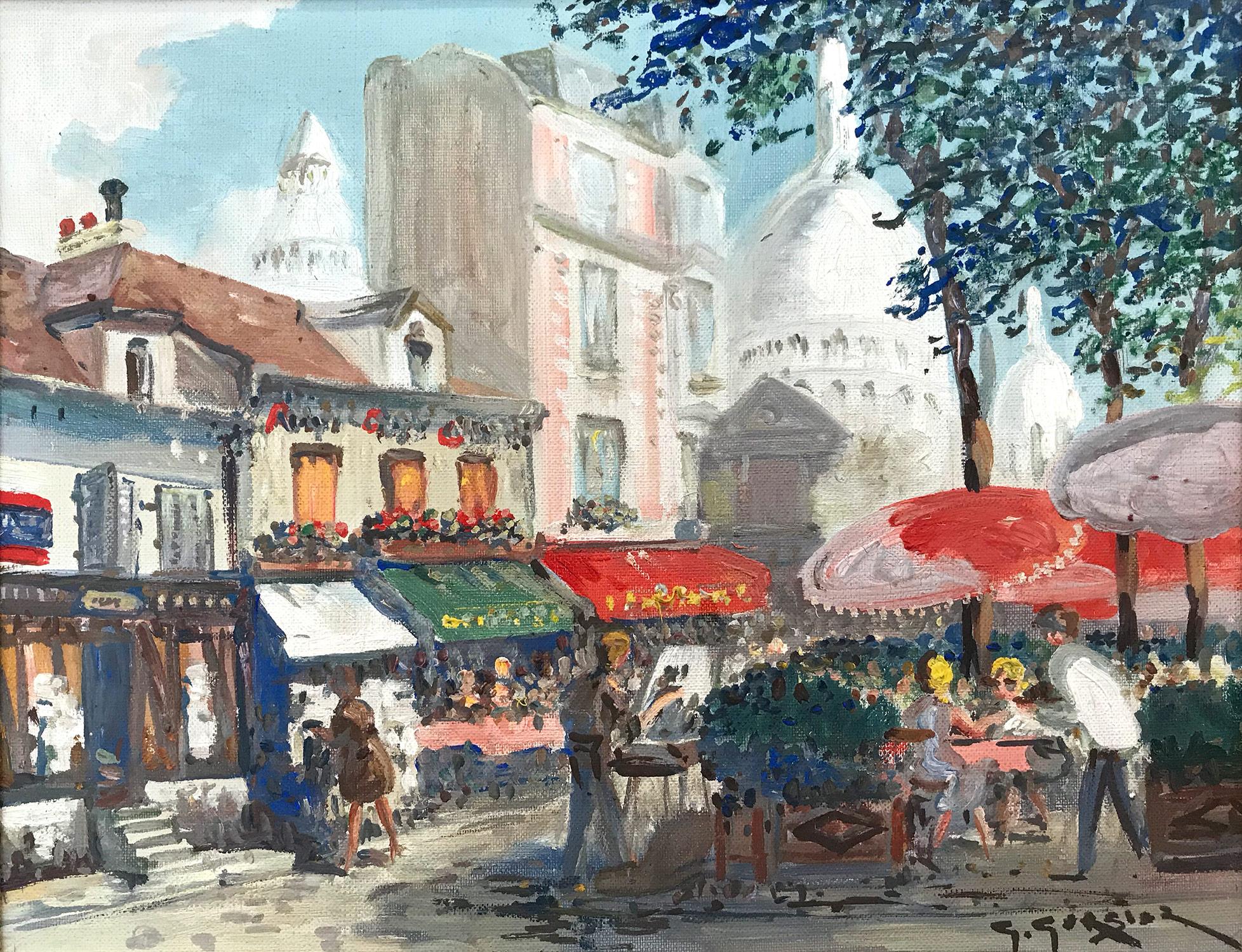 Peinture à l'huile impressionniste « Place Du Tertre » avec des personnages dans un village parisien - Painting de Georges Gerbier