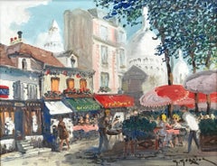 "Place Du Tertre " Impressionist Oil Painting with Figures in Parisian Village