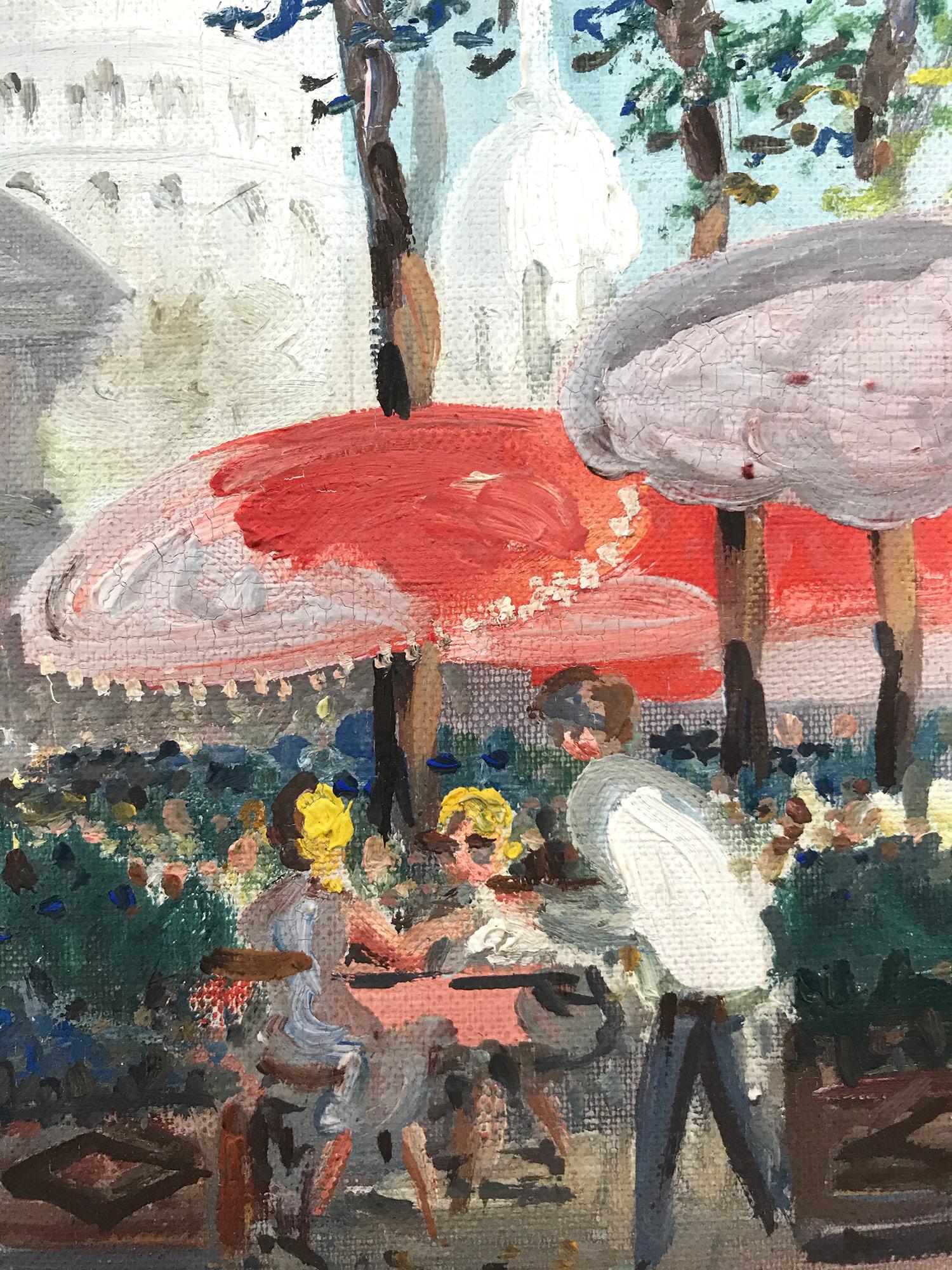 Peinture à l'huile impressionniste « Place Du Tertre » avec des personnages dans un village parisien - Marron Figurative Painting par Georges Gerbier