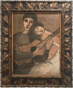 "Portrait with Guitar " 20th Century Cubist Italian Oil Painting on Wood Panel