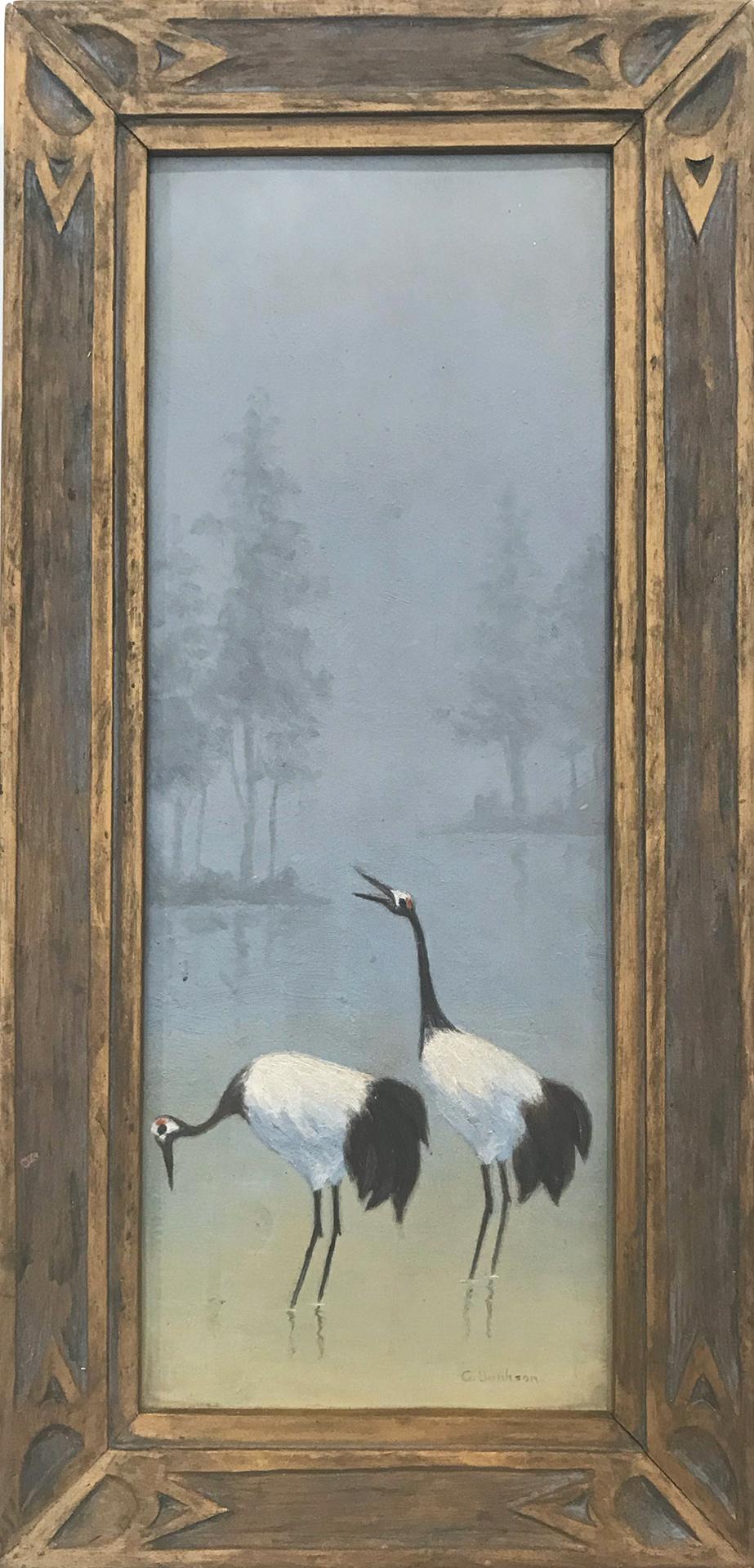 Glen Payton Bankson Animal Painting - "2 Cranes on the Water" Oil on Board 20th Century Painting Dreamy Art Deco Frame