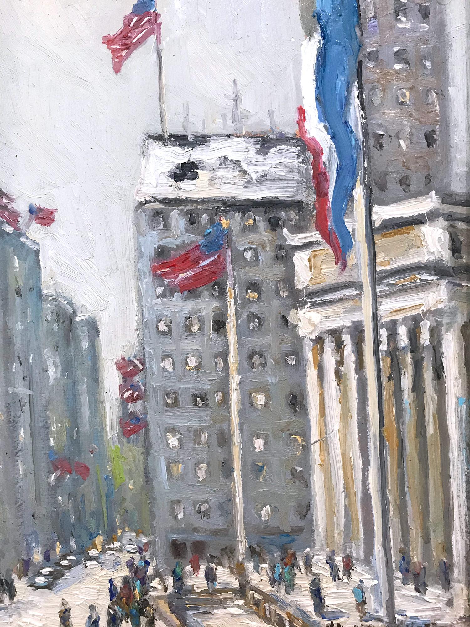 Impressionist New York City winter cityscene depicting the Library with American flags, cars and pedestrians off 5th Avenue in a most intimate, yet energetic way. Christopher is known for capturing the beauty and simplicity of an earlier time of the