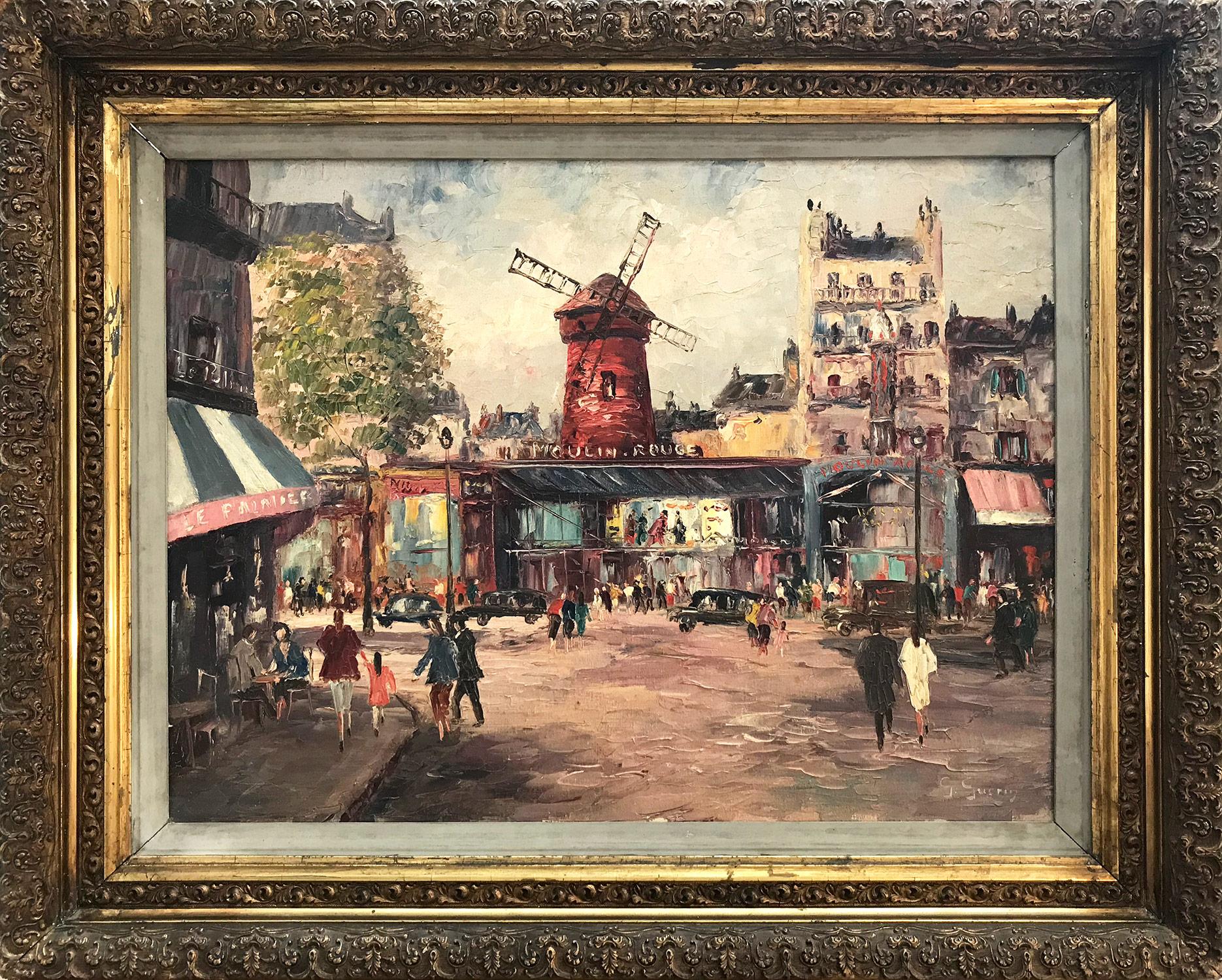 Georges Guerin Figurative Painting - "Moulin Rouge" French Impressionist Street Scene of Paris Oil Painting on Canvas