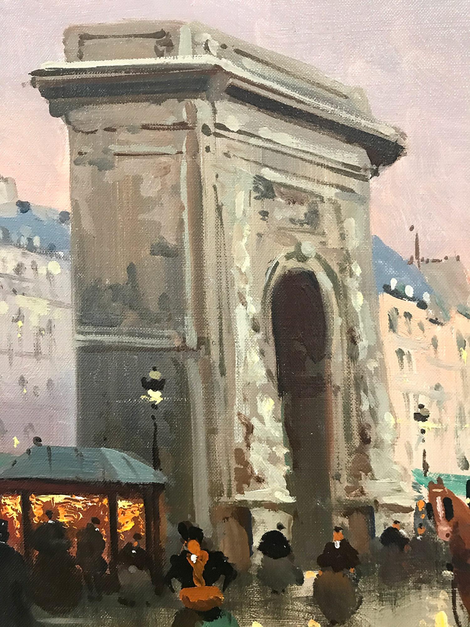 Beautiful oil on canvas painting by the French artist, Henri Alexis Schaeffer. This painting is a wonderful example of his work from the prime of his career. Here you see figures walking along the street and sidewalk with cars and carriages by Porte