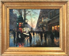 "Champs-Elysees at Dusk" French Post-Impressionist Oil on Canvas Street Scene