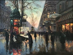 "Champs-Elysees at Dusk" French Post-Impressionist Oil on Canvas Street Scene