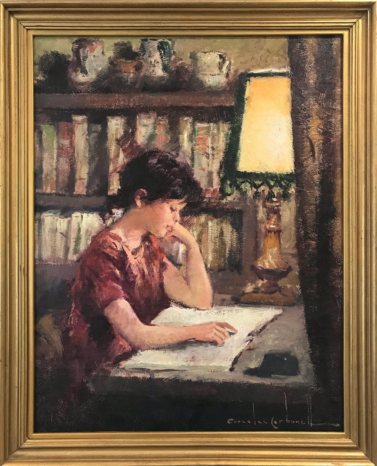 Rosendo Gonzalez Carbonelle Figurative Painting - "Reading by the Light " Spanish 20th Century Portrait Oil Painting on Canvas