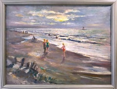 Vintage "Beach Scene with Figures" Impressionistic Oil Painting on Canvas in Amsterdam