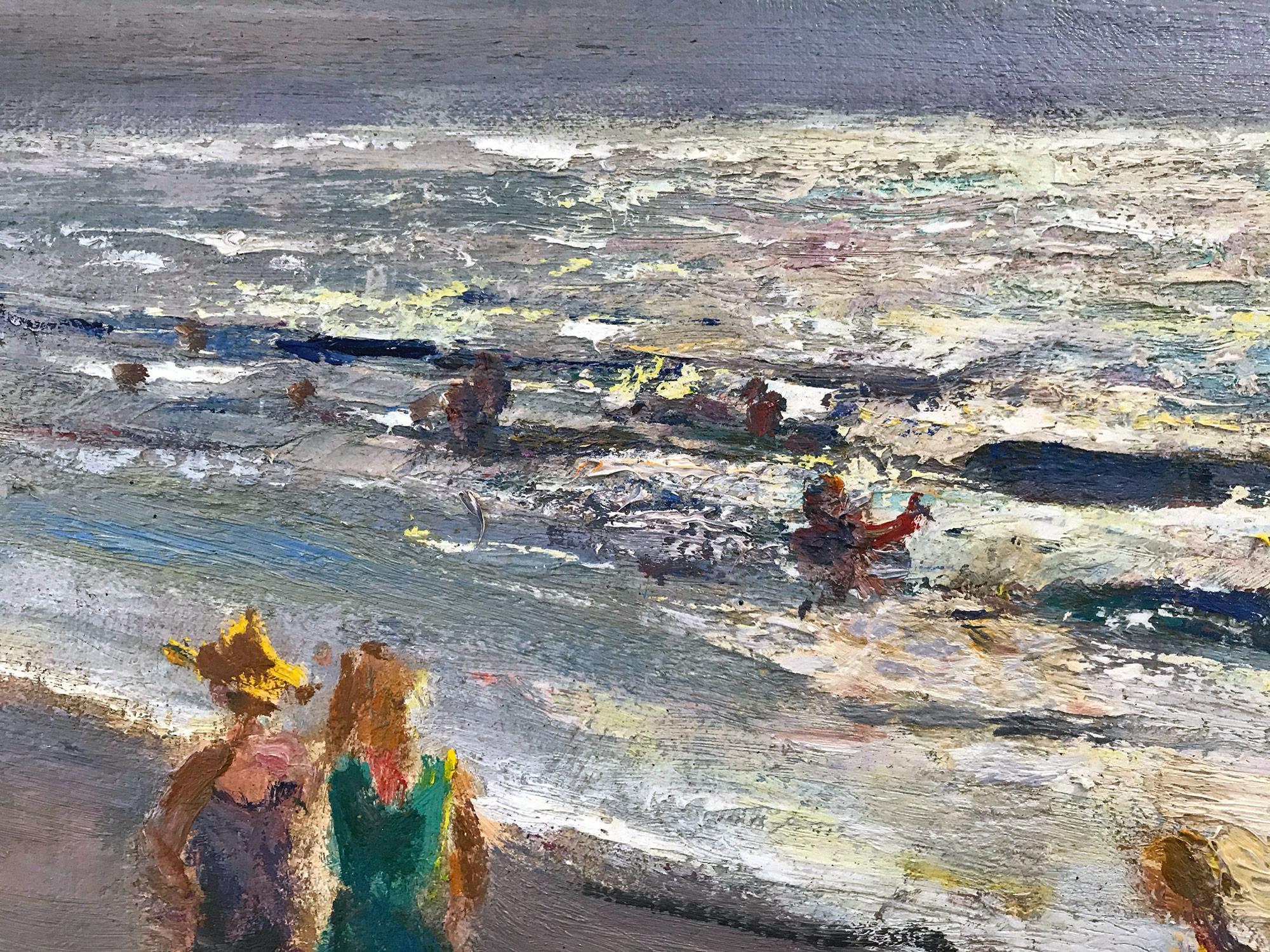 A wonderfully rich beach scene done in Holland in the Mid-20th Century depicting figures in the sand. Some figures are by the water as kids play in the distance with a bicylist as well. The impressionist details are greatly admired as the sun shines