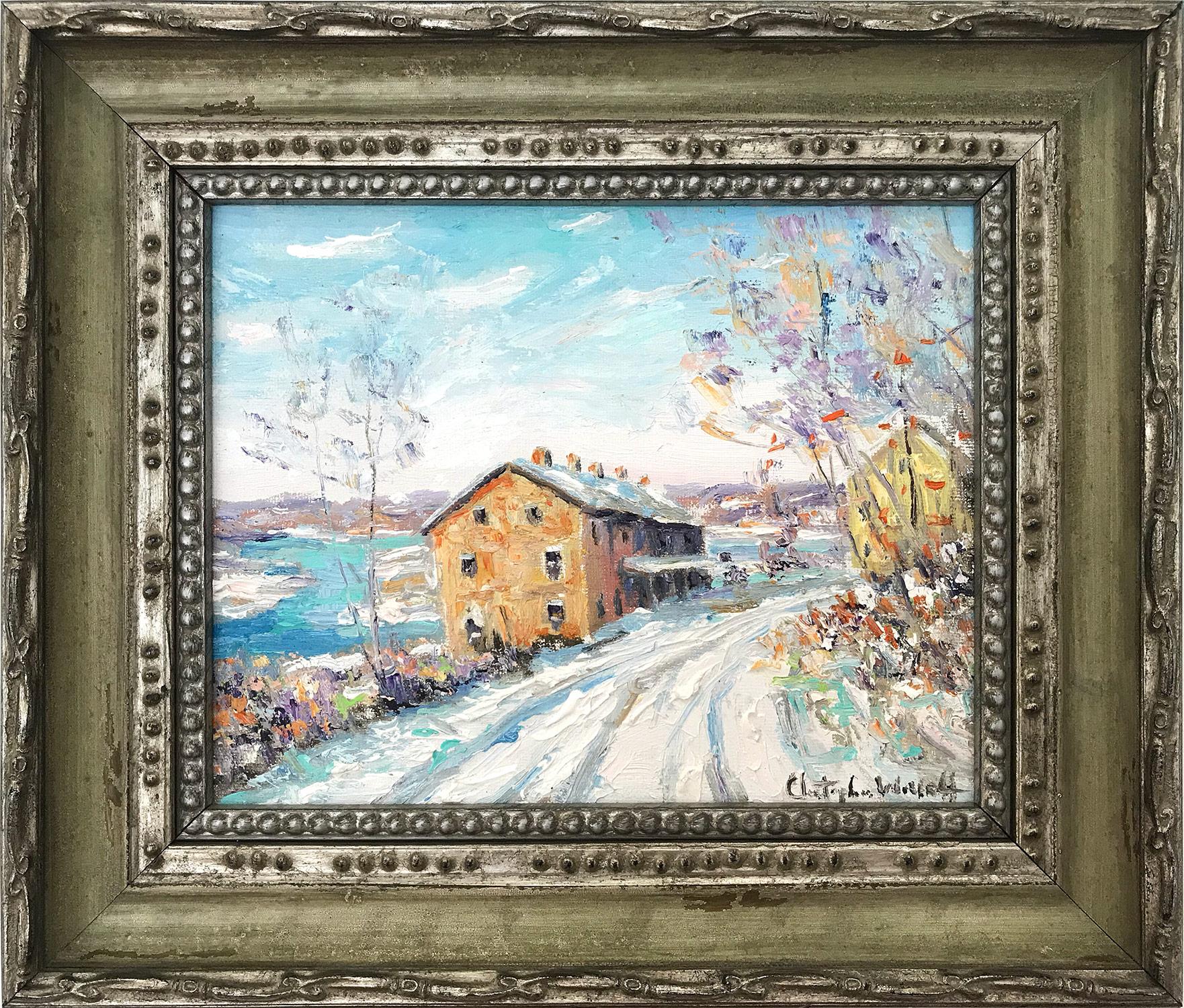 Christopher Willett Figurative Painting - "Black Bass INN" Bucks County Pastoral Winter Snow Scene Landscape Oil Painting