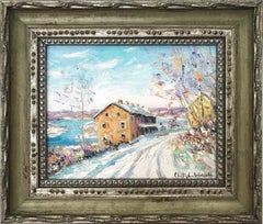 "Black Bass INN" Bucks County Pastoral Winter Snow Scene Landscape Oil Painting