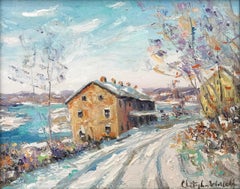 "Black Bass INN" Bucks County Pastoral Winter Snow Scene Landscape Oil Painting