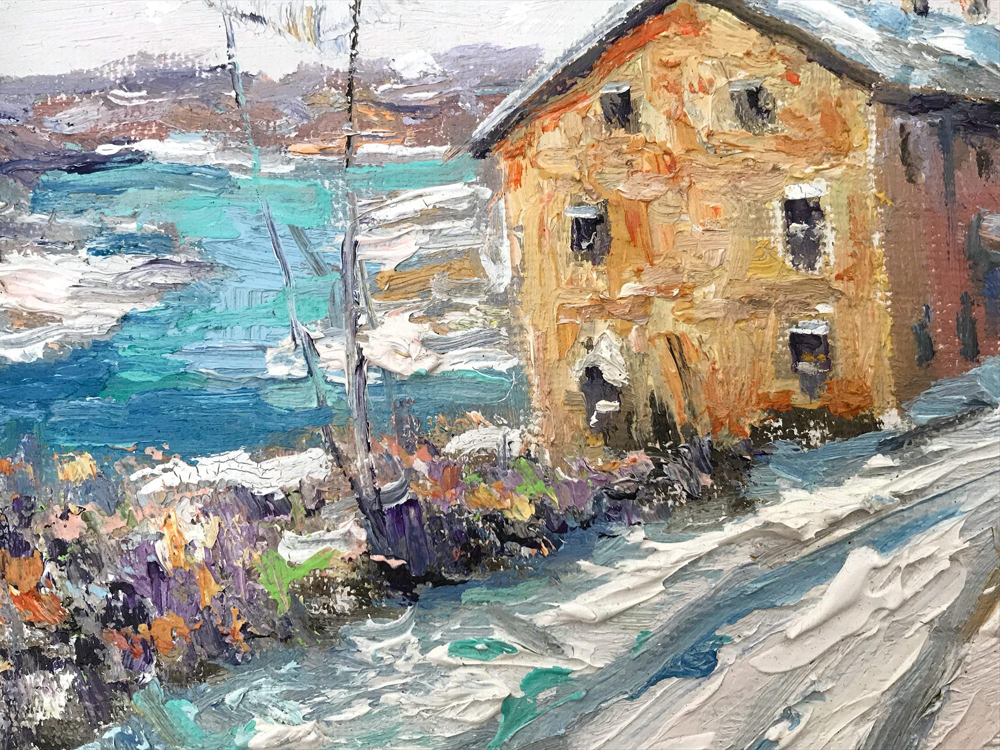 Impressionist winter pastoral scene of a quaint snow covered farm house near the water in Upper Bucks County, PA. Willet has portrayed this piece in a most intimate, yet energetic way, and has packed much feeling into this miniature work. It is