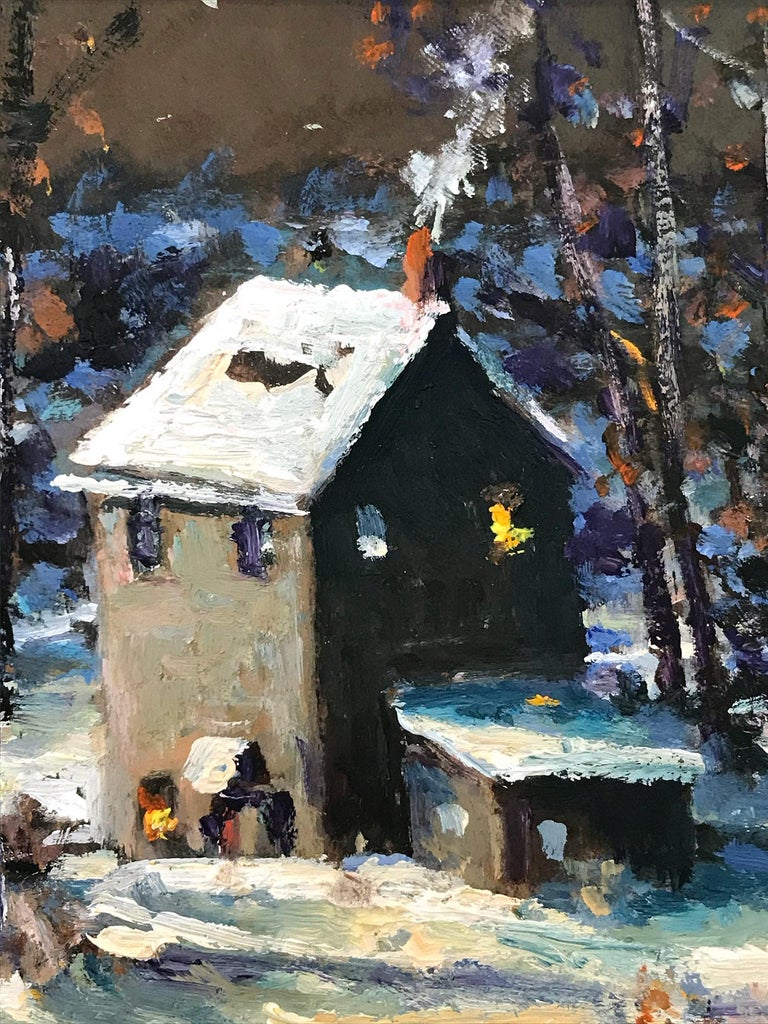 Impressionist winter Evening pastoral scene of a quaint snow covered house in Upper Bucks County, PA. Willet has portrayed this piece in a most intimate, yet energetic way, and has packed much feeling into this miniature work. It is almost as if we