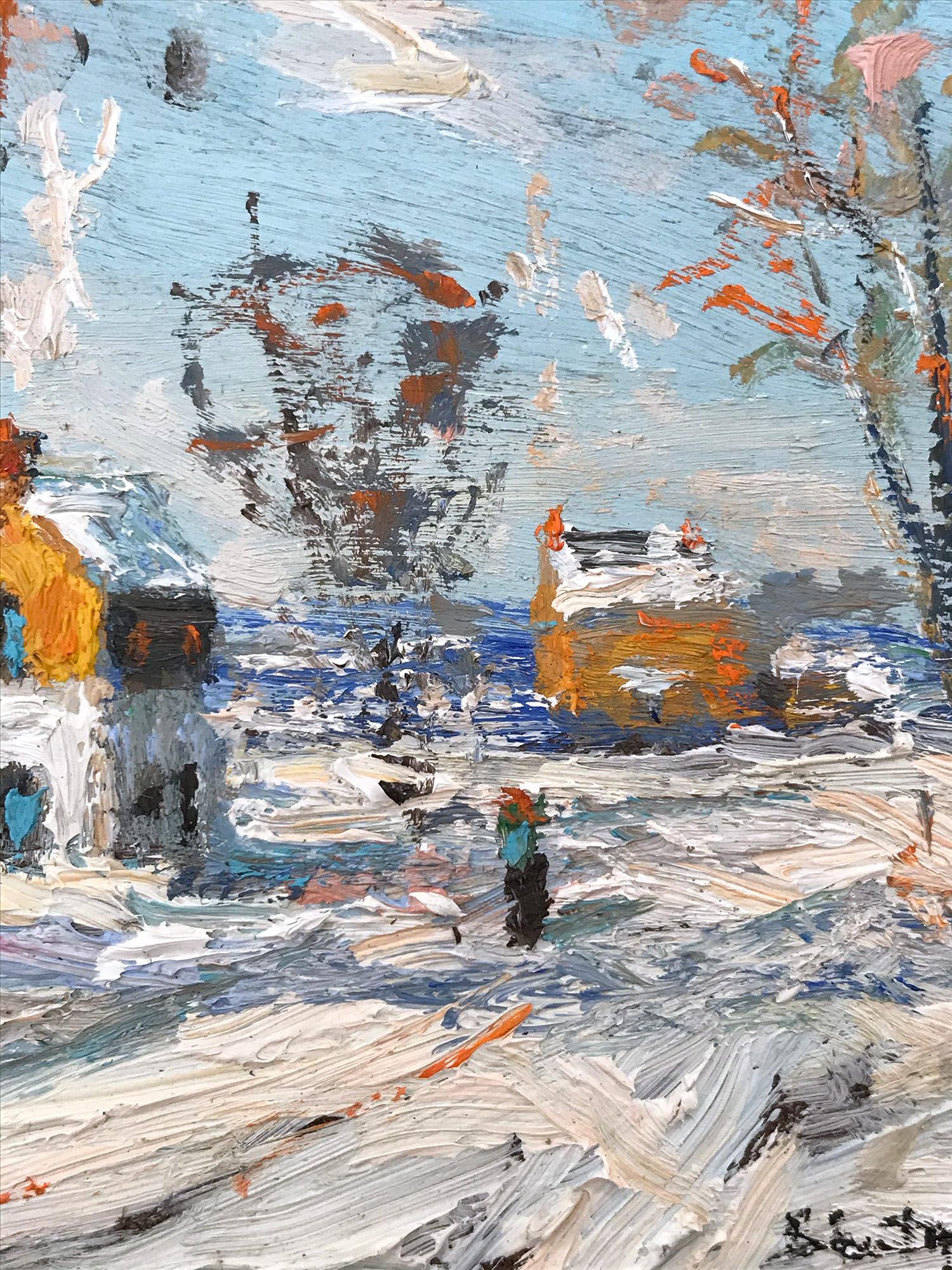 Impressionist winter pastoral scene of a quaint snow covered farm houses near Dublin, Bucks County, PA. Willet has portrayed this piece in a most intimate, yet energetic way, and has packed much feeling into this miniature work. It is almost as if