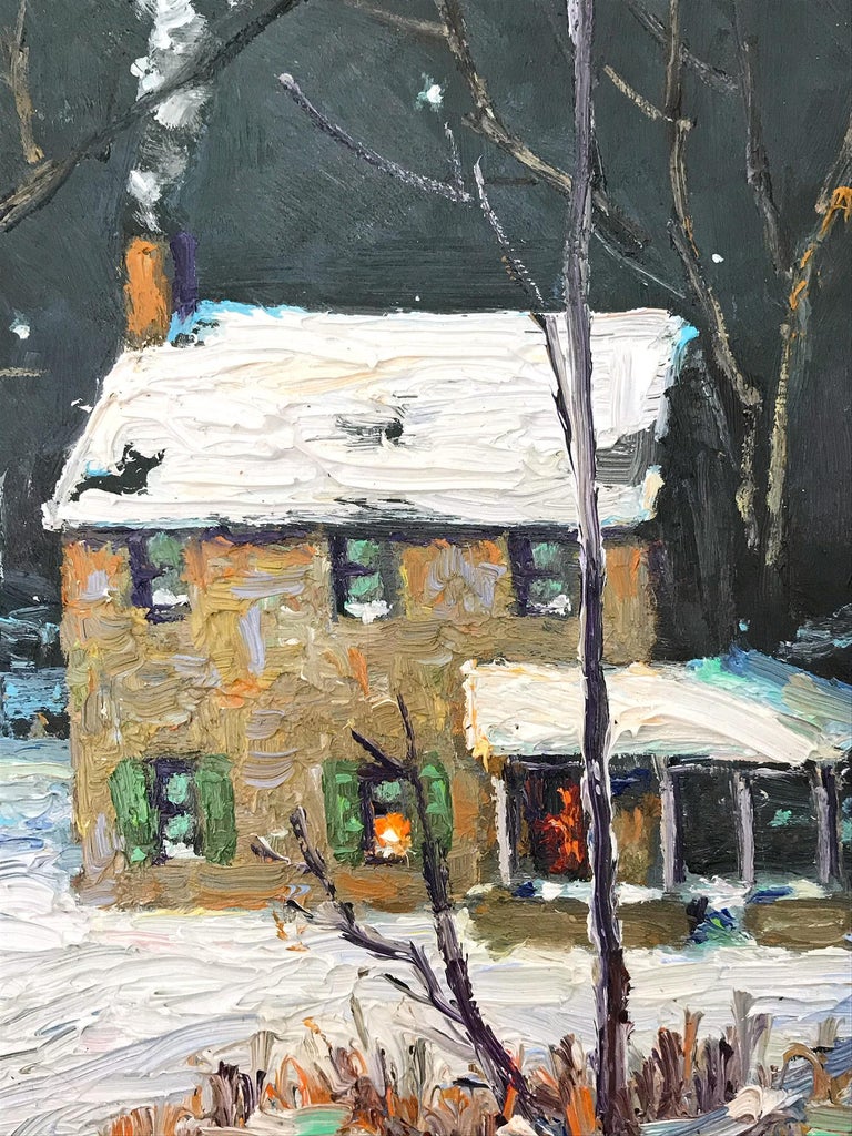 Impressionist winter pastoral scene of a quaint snow covered farm house Evening time in Upper Bucks County, PA. Willet has portrayed this piece in a most intimate, yet energetic way, and has packed much feeling into this miniature work. It is almost