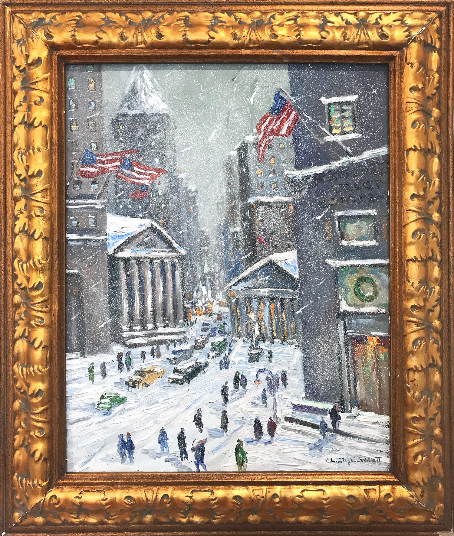 Christopher Willett Landscape Painting - "Wall St and Broad" NYC Impressionist Winter Scene Landscape Oil Painting Canvas