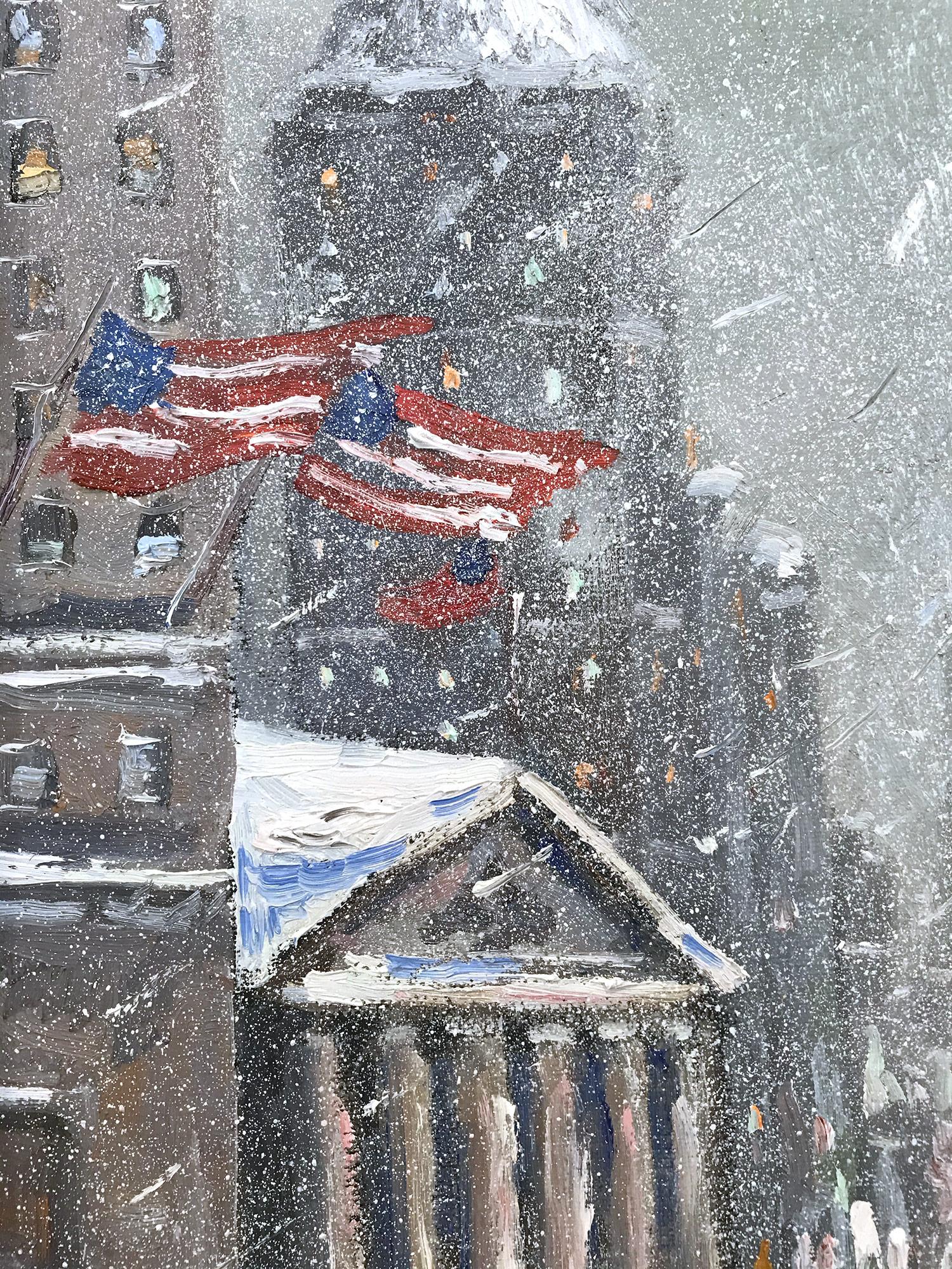 Impressionist New York City winter city-scene depicting Wall Street and Broad with American flags, cars and pedestrians in a most intimate, yet energetic way. Christopher is known for capturing the beauty and simplicity of an earlier time of the