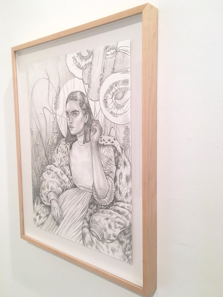 Mystical Garden, graphite on paper, framed - Gray Portrait by Martine Johanna