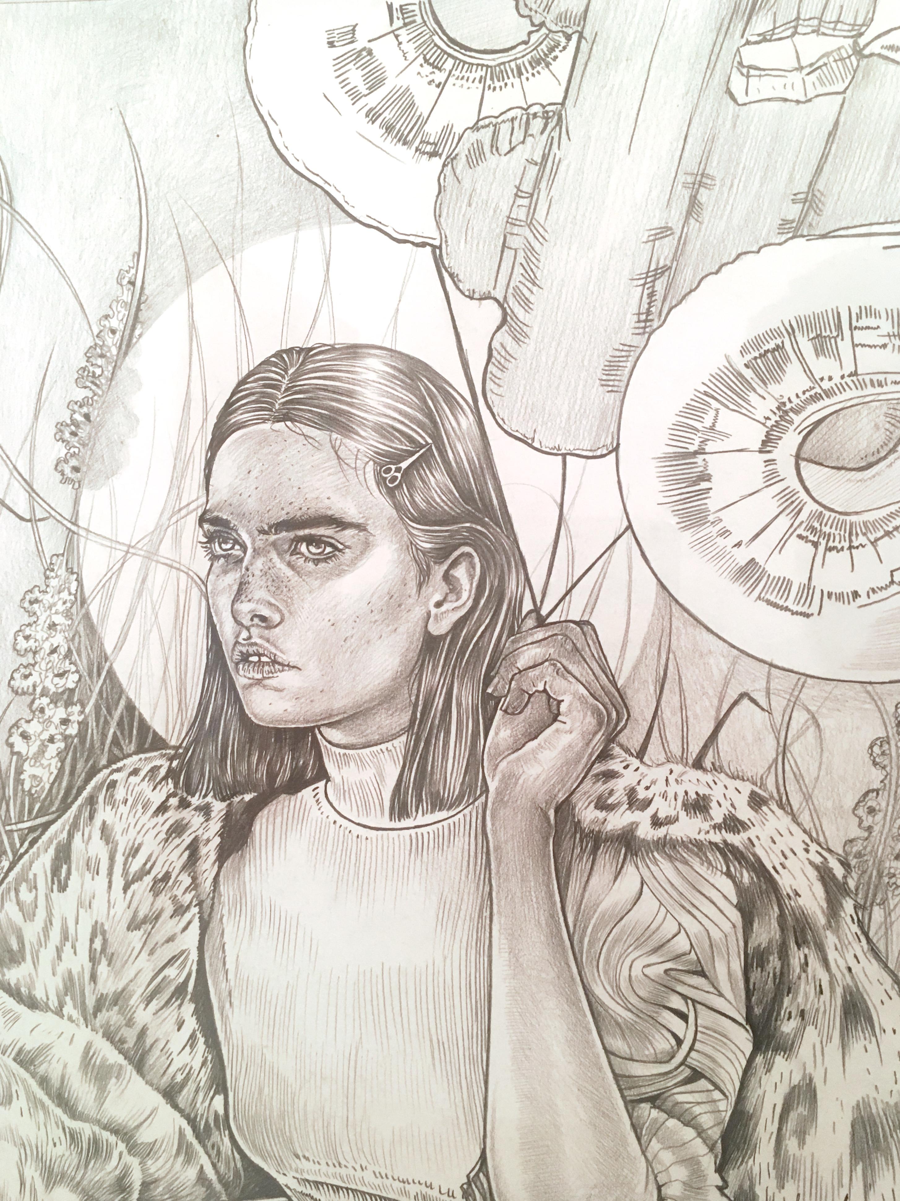 Mystical Garden, graphite on paper, framed - Gray Portrait by Martine Johanna