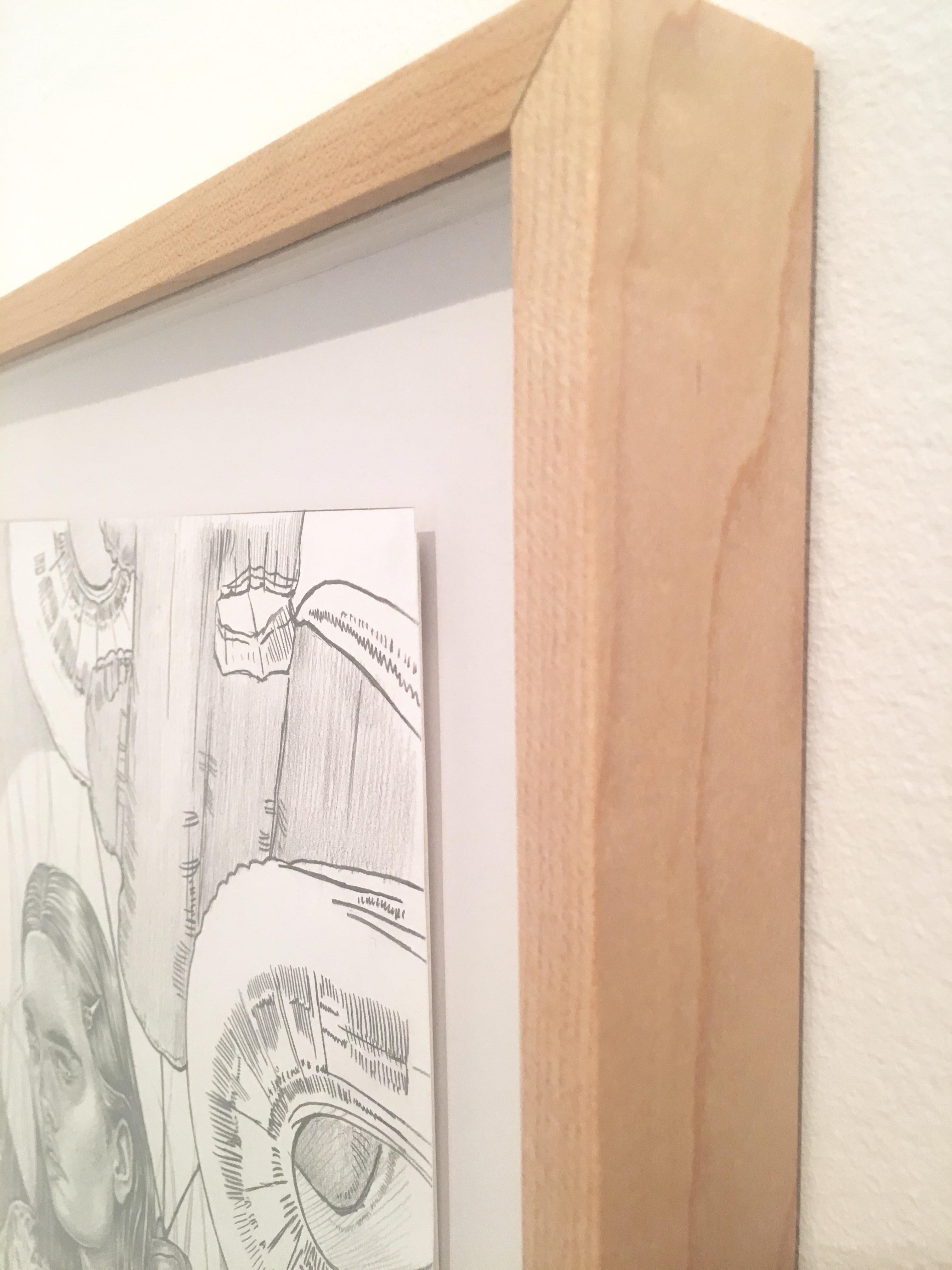 This work is a drawing on paper, floating within a maple frame.  The drawing measures 20 x 15 inches unframed and framed 24.25 x 19.25 inches. Her work is highly detailed. This work is exhibited during her solo exhibition, Life is but a dream, in