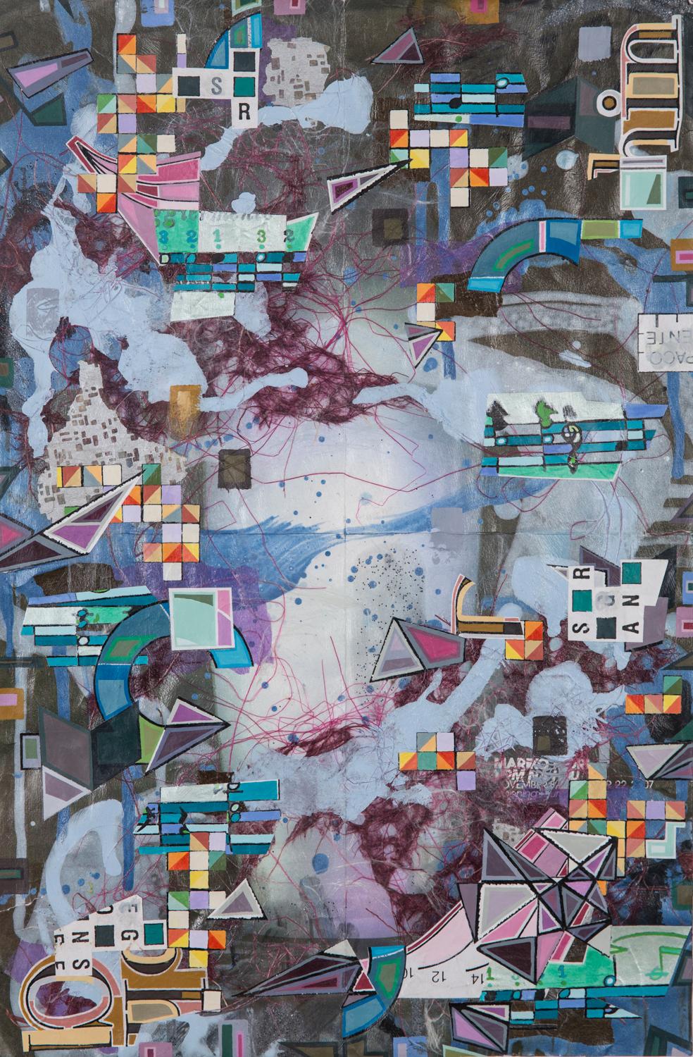 "PRLS-1000" collage abstracto contemporáneo, técnica mixta, morado, azul, multi