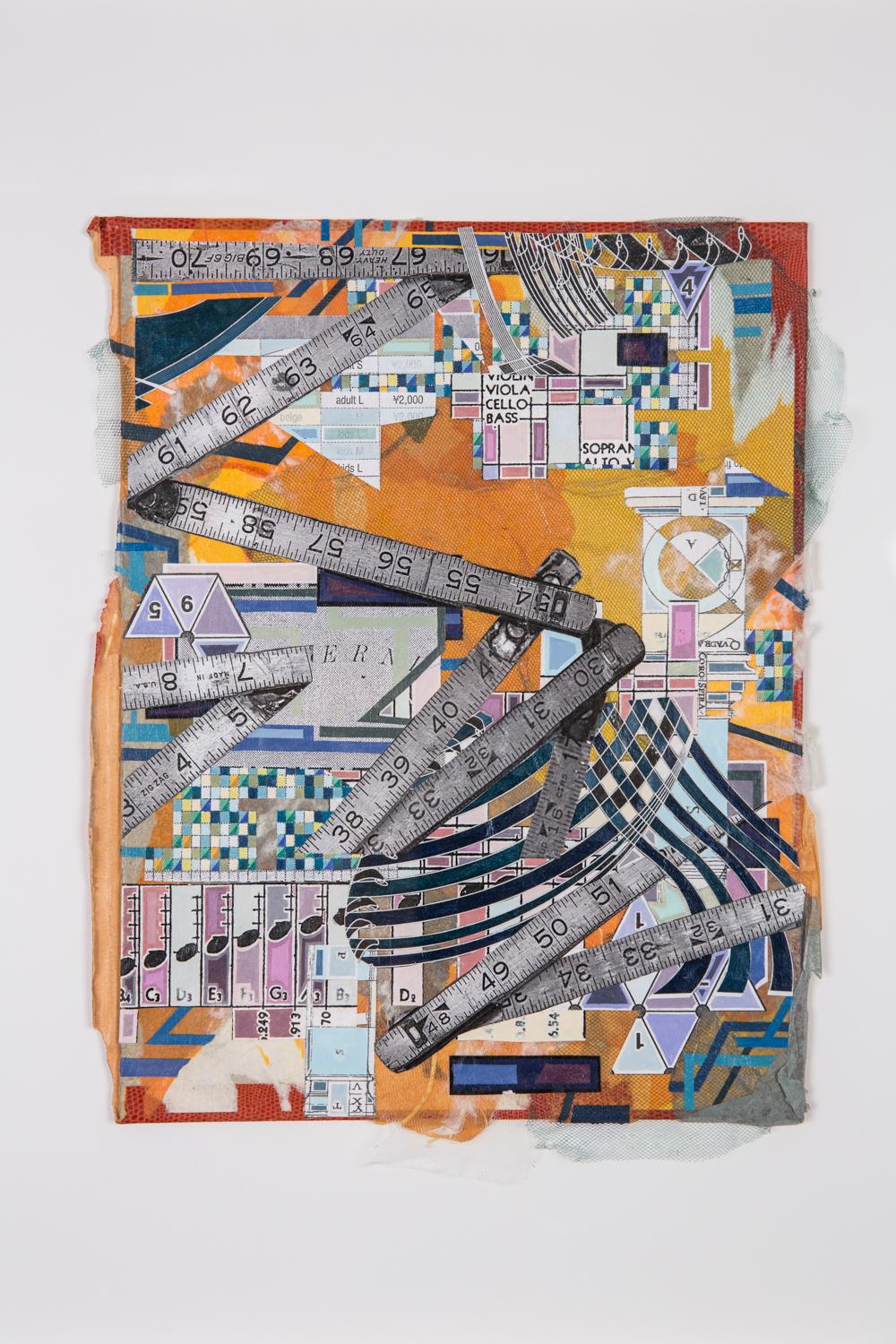 Eric Mack Abstract Painting – OYV-19 - Zeitgenössische abstrakte Collage-Gemälde- Gelb, Messband