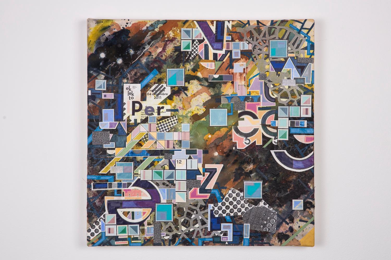 Zeitgenössische abstrakte Collage-Malerei, lila, braun, blau, zeitgenössisch – Painting von Eric Mack