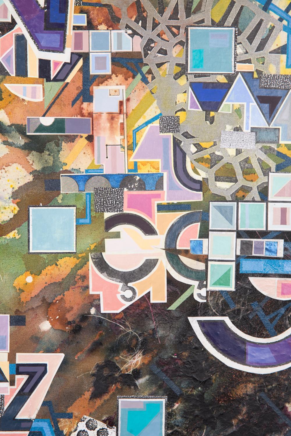 Zeitgenössische abstrakte Collage-Malerei, lila, braun, blau, zeitgenössisch (Grau), Abstract Painting, von Eric Mack