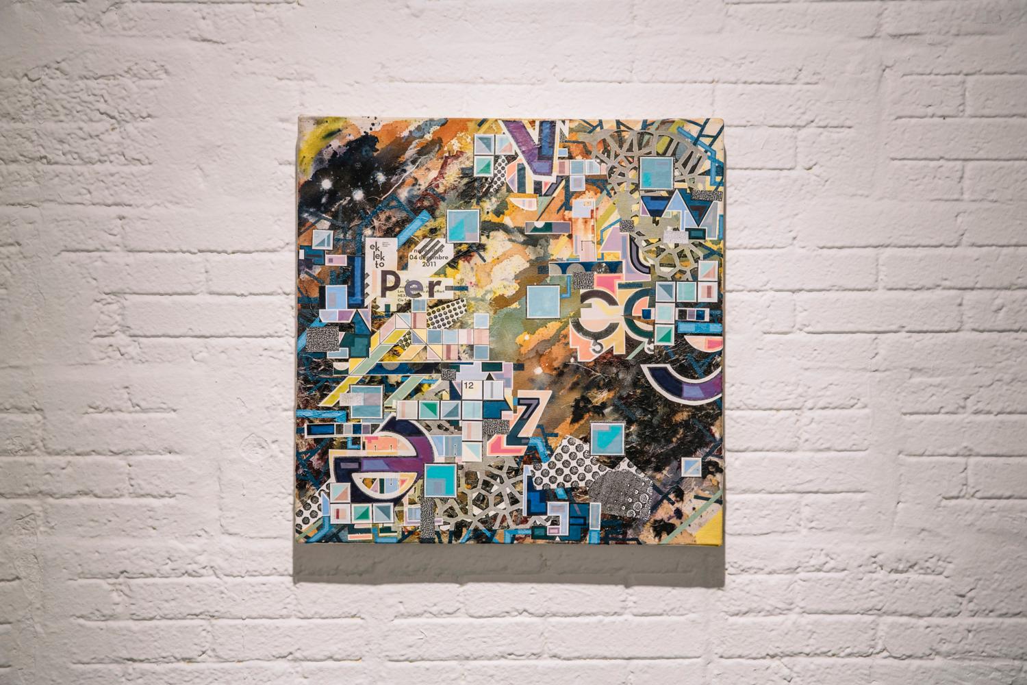 Zeitgenössische abstrakte Collage-Malerei, lila, braun, blau, zeitgenössisch (Abstrakt), Painting, von Eric Mack