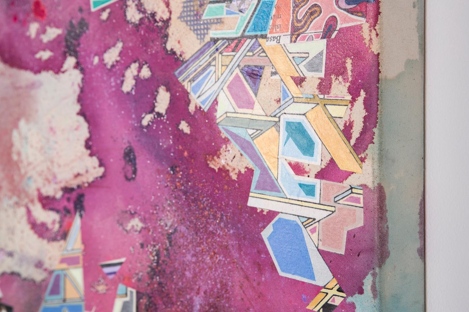 MTB-4276 - Vibrante peinture abstraite contemporaine à collage avec paillettes sur toile en vente 1