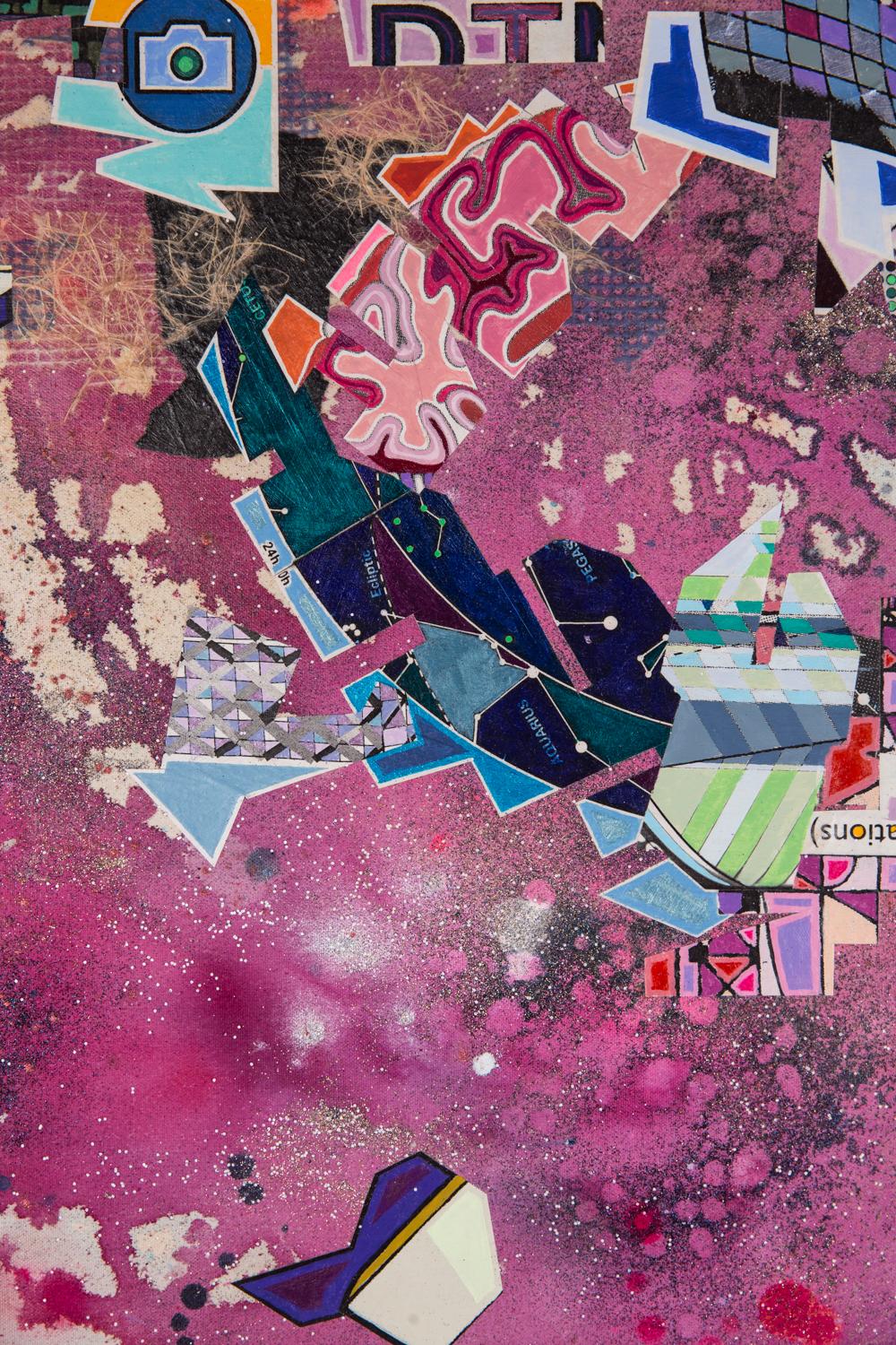MTB-4276 - Vibrante Pintura Contemporánea Abstracta Collage con Purpurina sobre Lienzo en venta 5