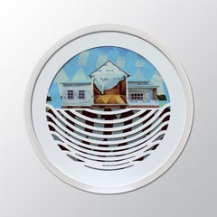 The Bubble - Circular Contemporary Landscape/Abstract Painting, geometric, blue