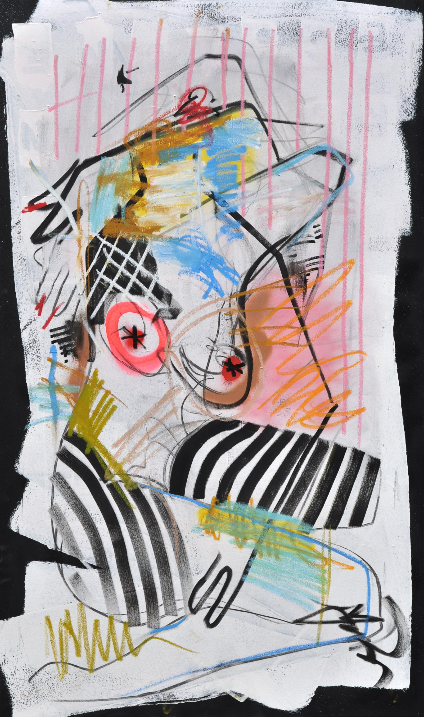 Frances Berry  Abstract Painting - Striped Nude - Figurative abstract, spray paint, acrylic, stripes, pink, black 