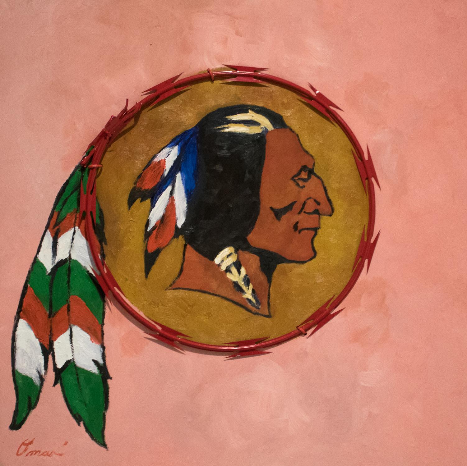 REDSKIN - contemporary political painting, pink, red razor wire, native chief
