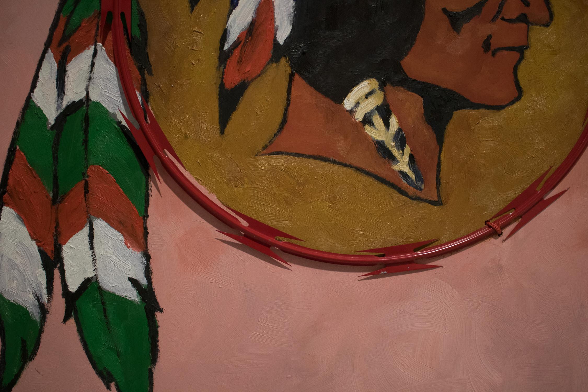 REDSKIN – zeitgenössisches politisches Gemälde, rosa, roter Kammdraht, einheimischer Häuptling im Angebot 1