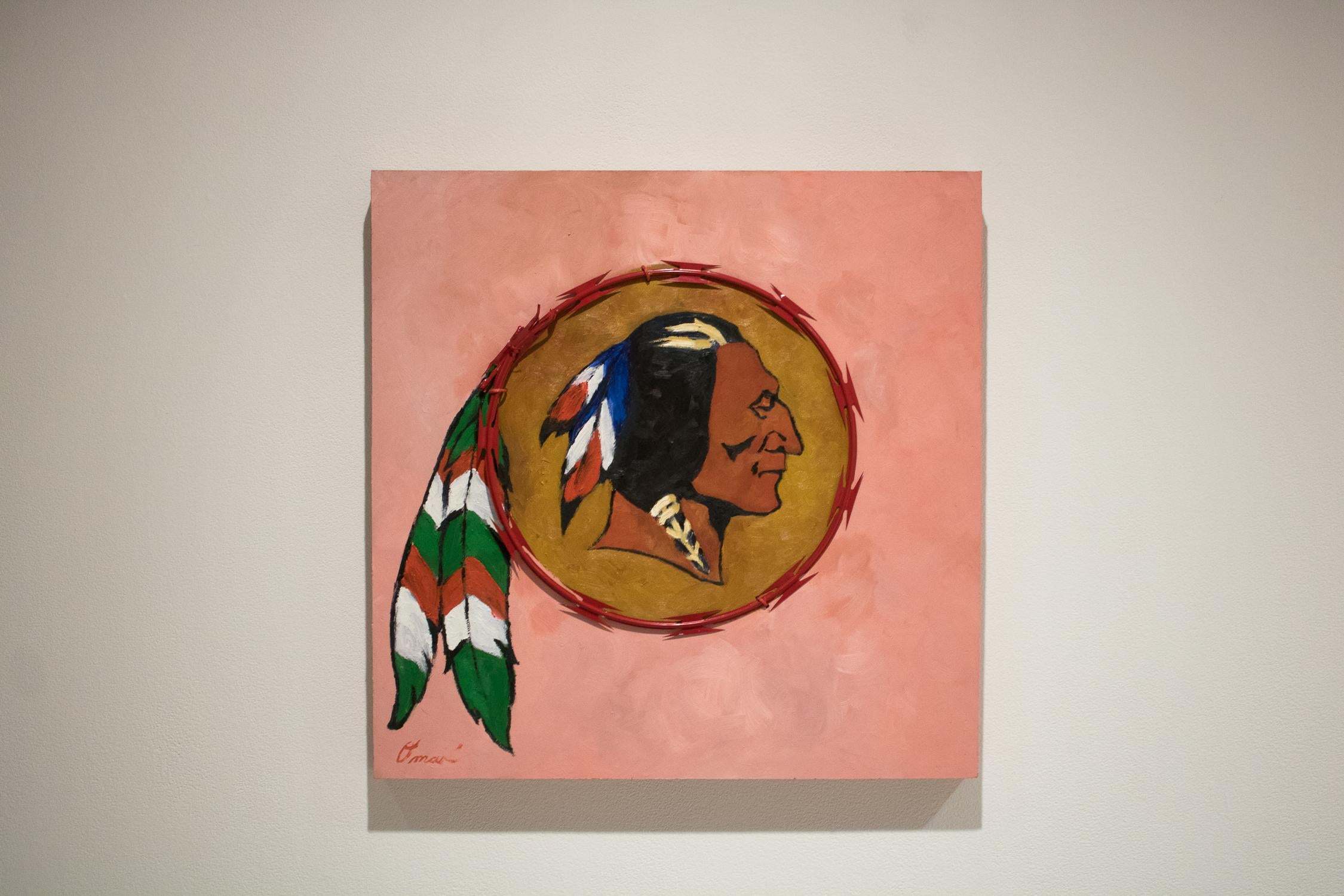 REDSKIN - contemporary political painting, pink, red razor wire, native chief For Sale 2