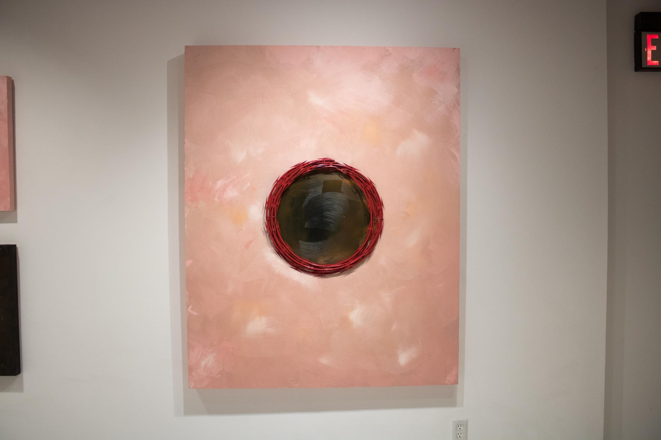 LÍNEA ROJA - Político, rosa, marrón, óleo e hilo de afeitar sobre madera - Serie Línea Roja - Mixed Media Art Contemporáneo de Omari Booker