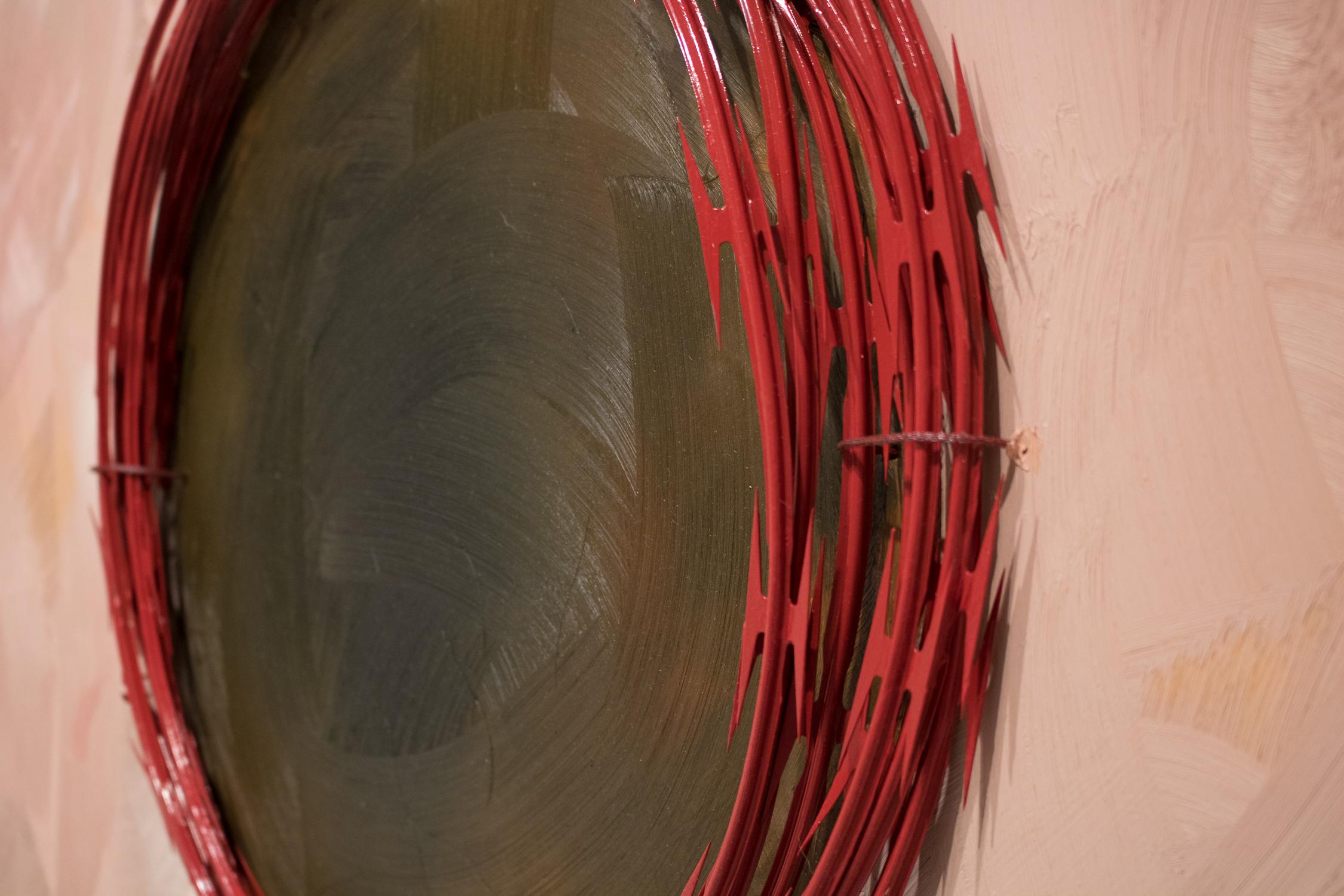 RED LINE - Political, pink, brown, Oil and Razor Wire on Wood - Red Line Series  For Sale 3