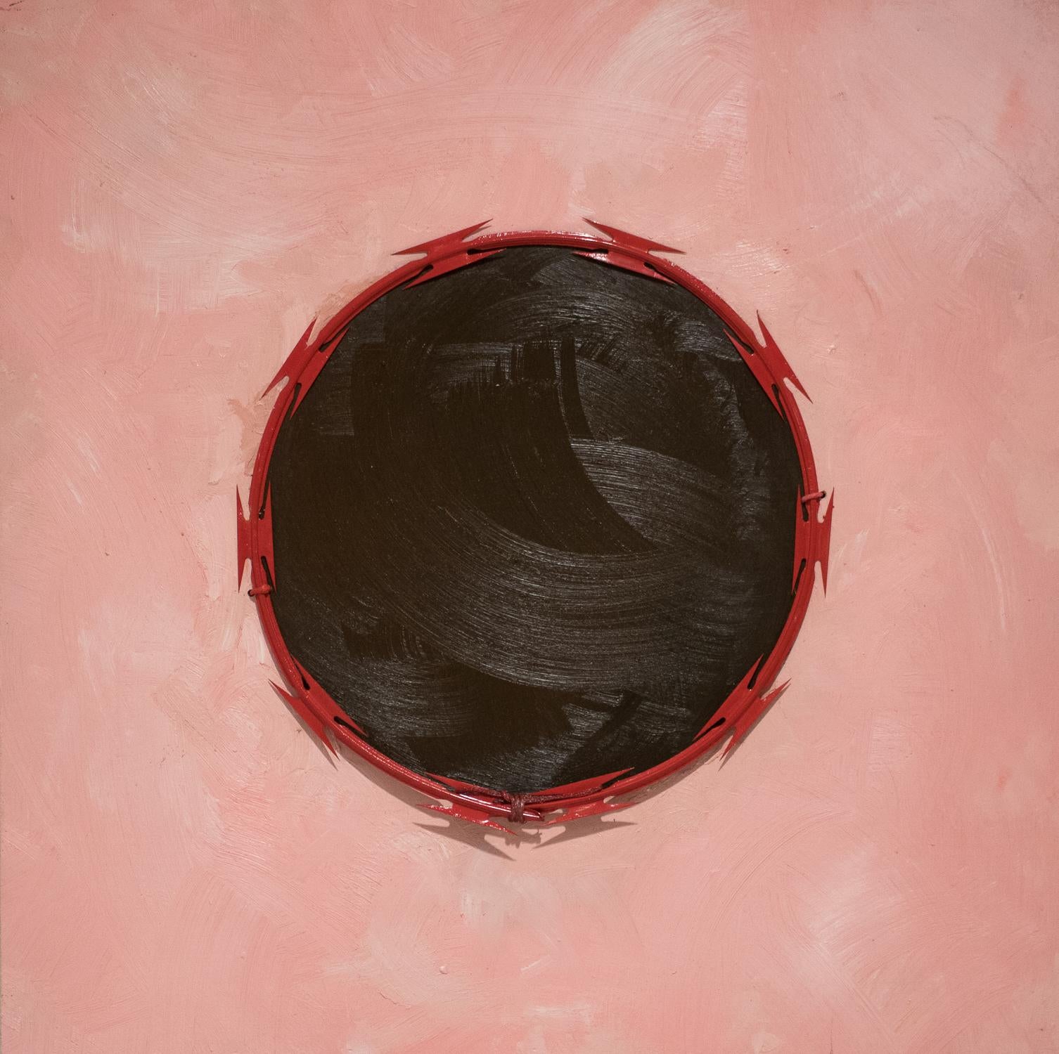 « RED LINE n° 2 », peinture politique abstraite, huile et fil de rasoir sur bois rose - Mixed Media Art de Omari Booker