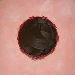 RED LINE NO. 2 - Abstract political painting, oil and razor wire on wood- pink